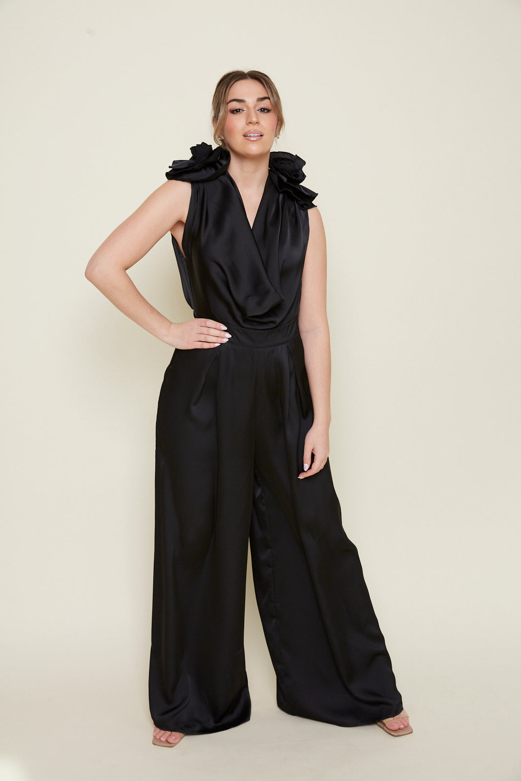 ASYOU satin cowl lattice jumpsuit with strap detail in black